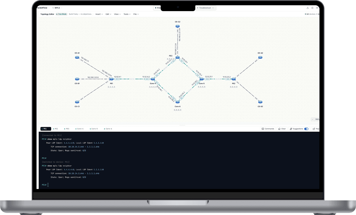 PacketFlow — web-based network simulator showing an MPLS topology and live CLI output, on a MacBook Pro