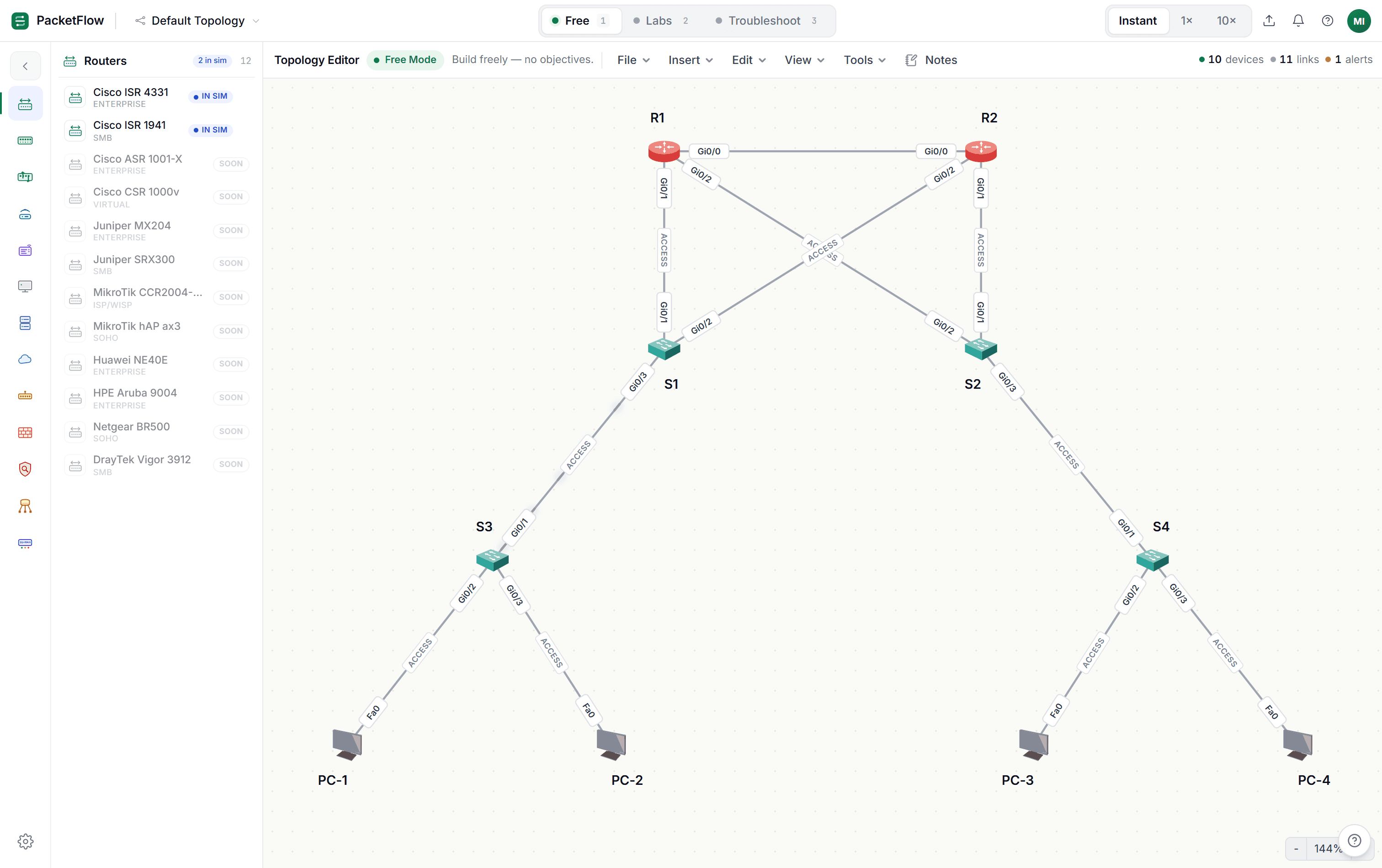 PacketFlow topology editor — devices wired together on the canvas
